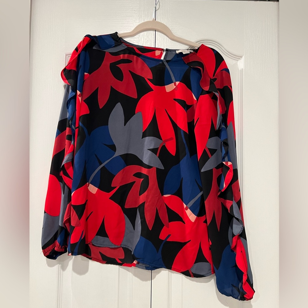 LOFT Red and Blue Ruffled Long Sleeved Blouse Size S